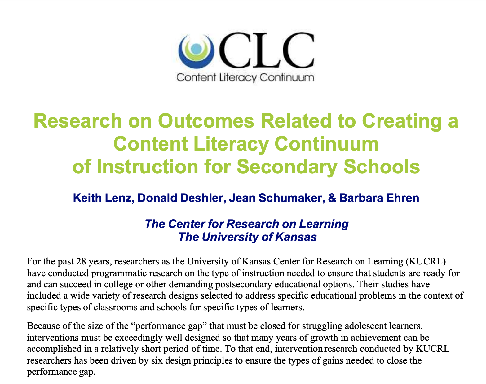 Research on Outcomes Related to Creating a CLC of Instruction in Secondary Schools