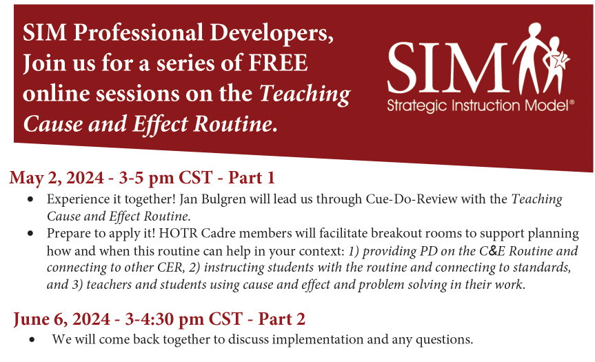 SIM Professional Developers, Join us for a series of FREE online sessions on the Teaching Cause and Effect Routine.