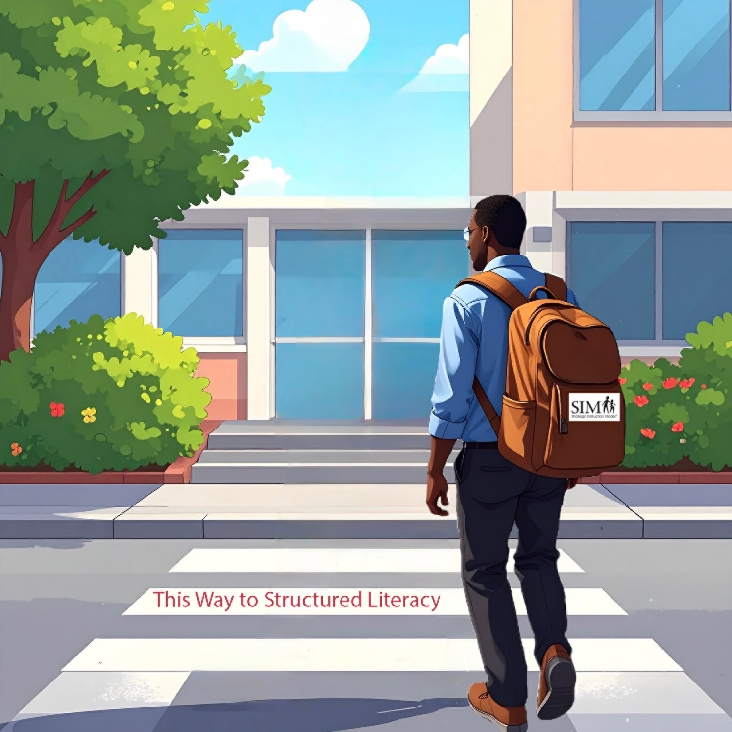 Teacher Crossing the Street with SIM Backpack and a crosswalk that says This way to Structured Literacy